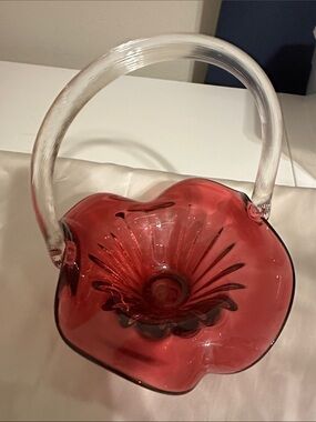 Fenton Cranberry Red Glass Basket with Clear Twisted Handle